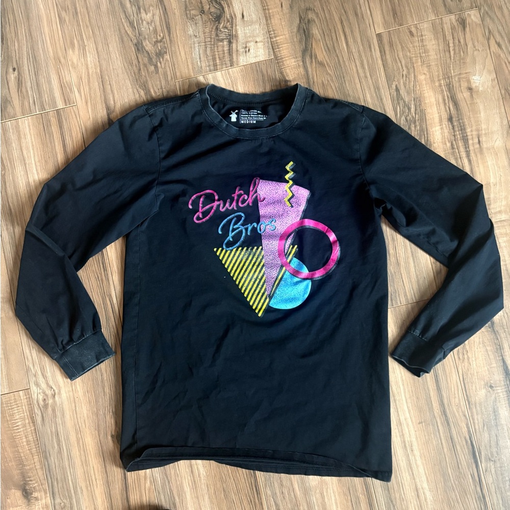 Dutch Bros Black Long Sleeve Tee with Neon Geometric Graphic